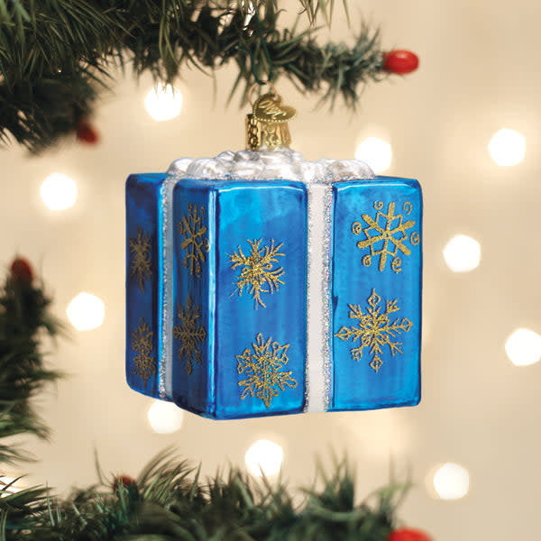 Hanukkah Gift Box ornament featuring a festive red box with gold accents and Hebrew lettering.