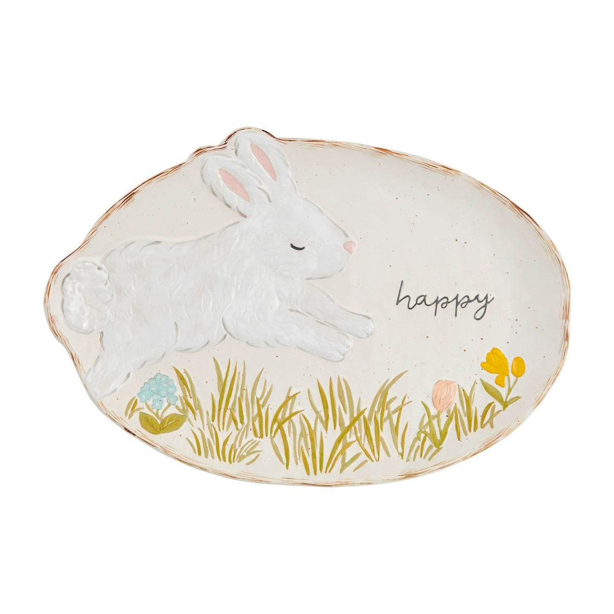 Hand-painted stoneware platter featuring a happy bunny pattern in earthy tones.