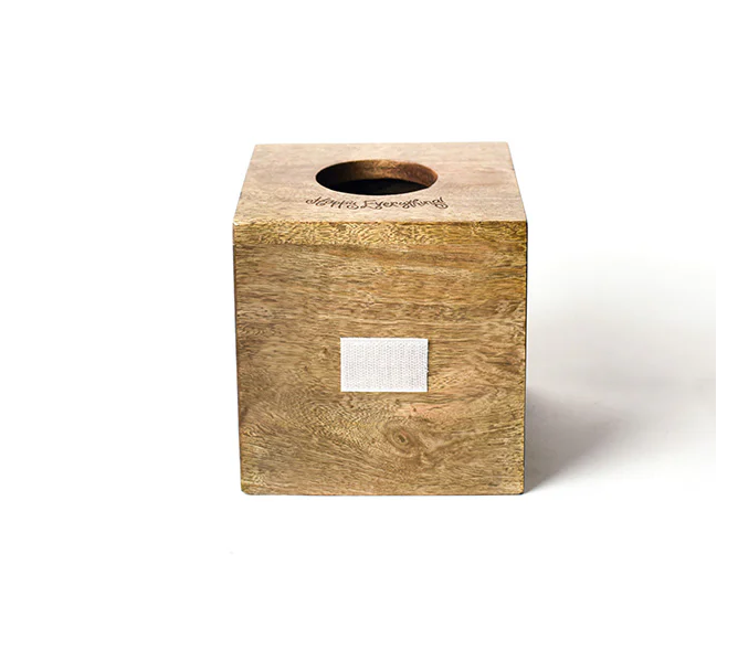 Mini square mango wood tissue box with carved Happy Everything text on top.