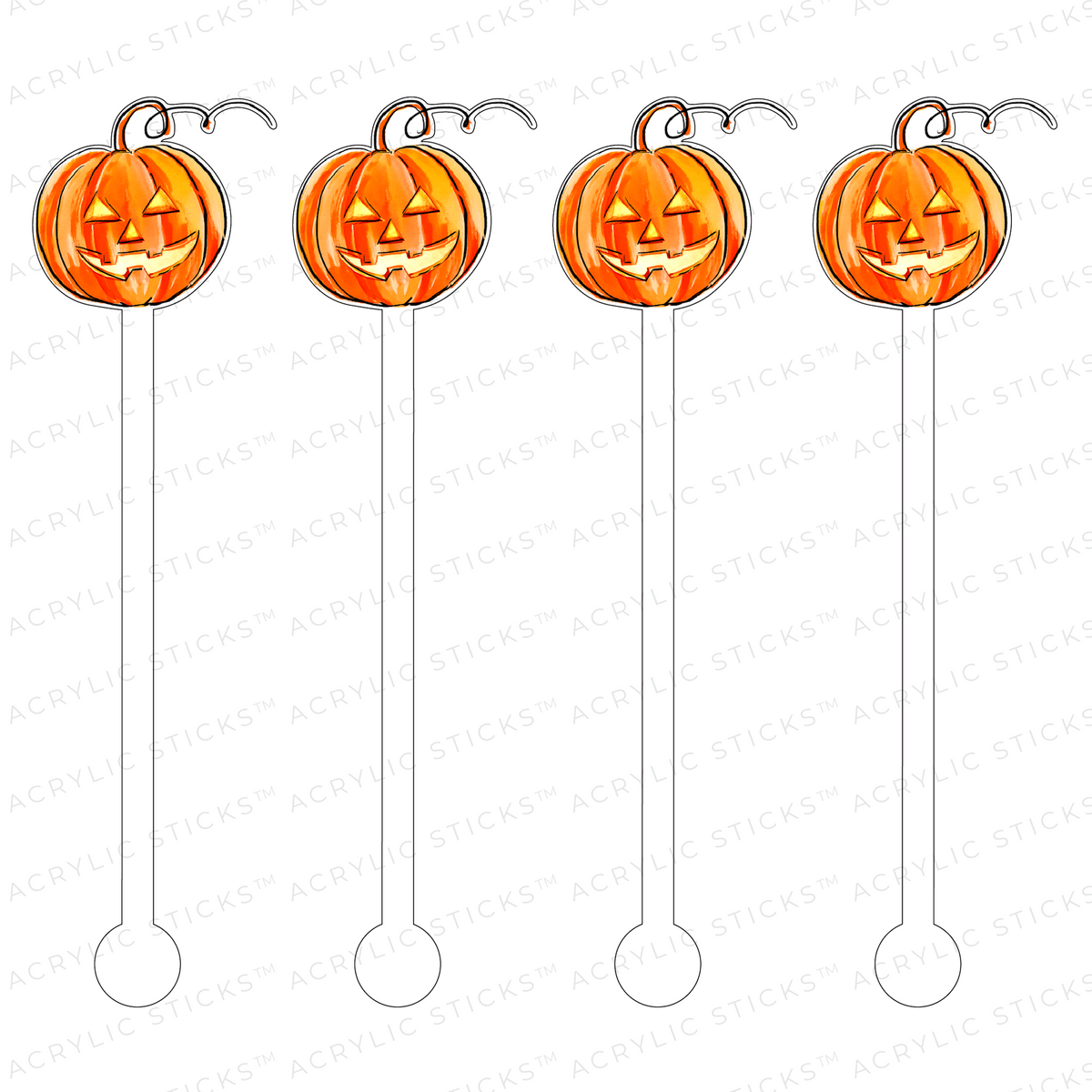 Happy Face Jack O' Lantern acrylic stir stick with orange pumpkin pattern on white background
