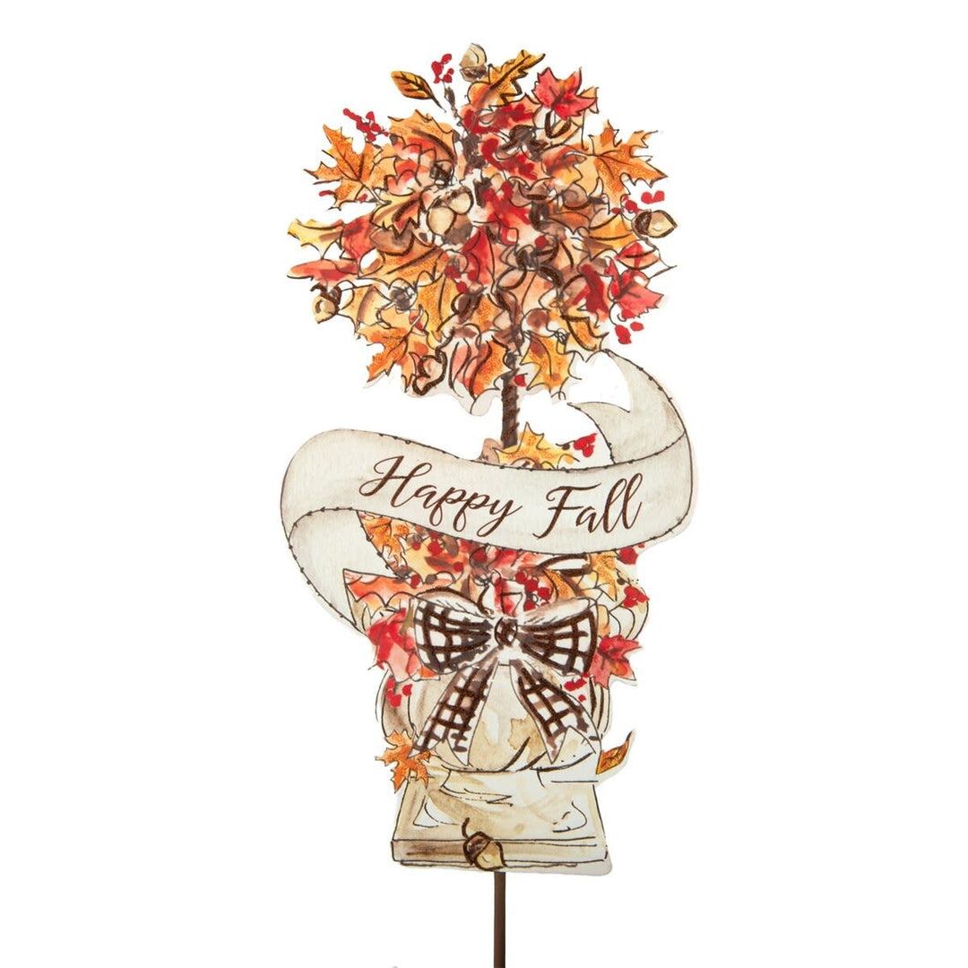 Happy Fall Tree stake decoration with autumn leaves in warm colors.