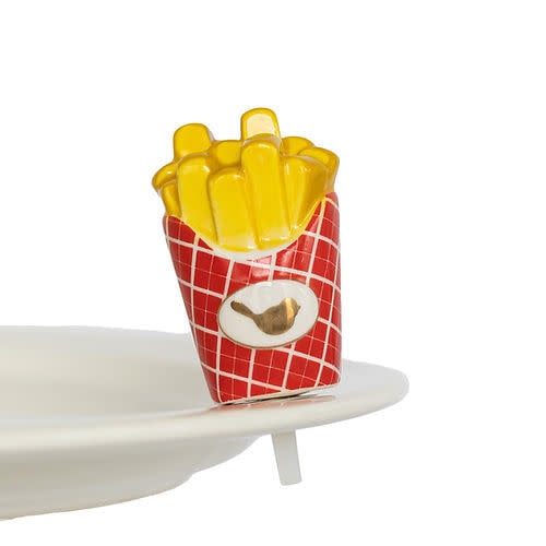 Ceramic French fry container figurine with a red and white grid pattern and a gold bird icon.