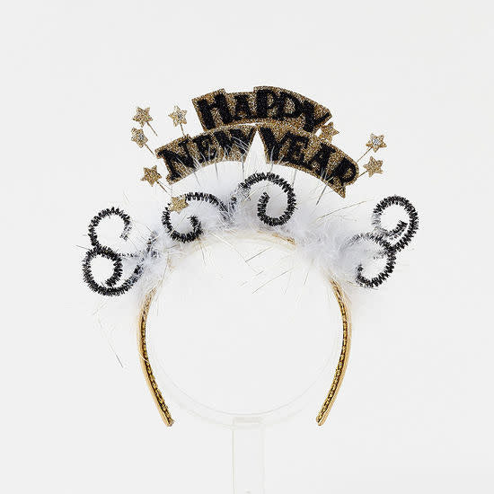 Plastic Happy New Year headband with bold text and sparkling accents