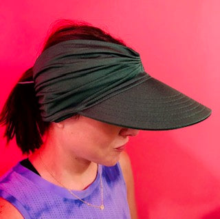 Women's ruched stretchy sun visor hat with wide brim in bright contrasting colors and open top design