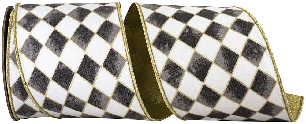 4-inch wide black and white harlequin diamond ribbon with metallic gold outlines and wired edges.