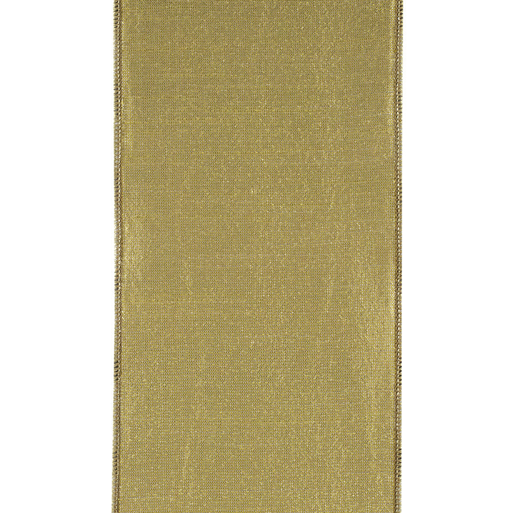 4-inch wide metallic gold ribbon with a wired edge and subtle diamond pattern.