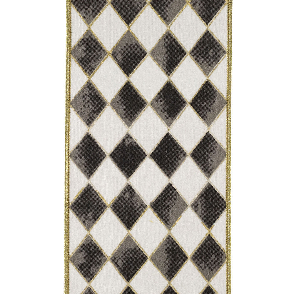 4-inch wide black and white harlequin diamond ribbon with metallic gold outlines and wired edges.