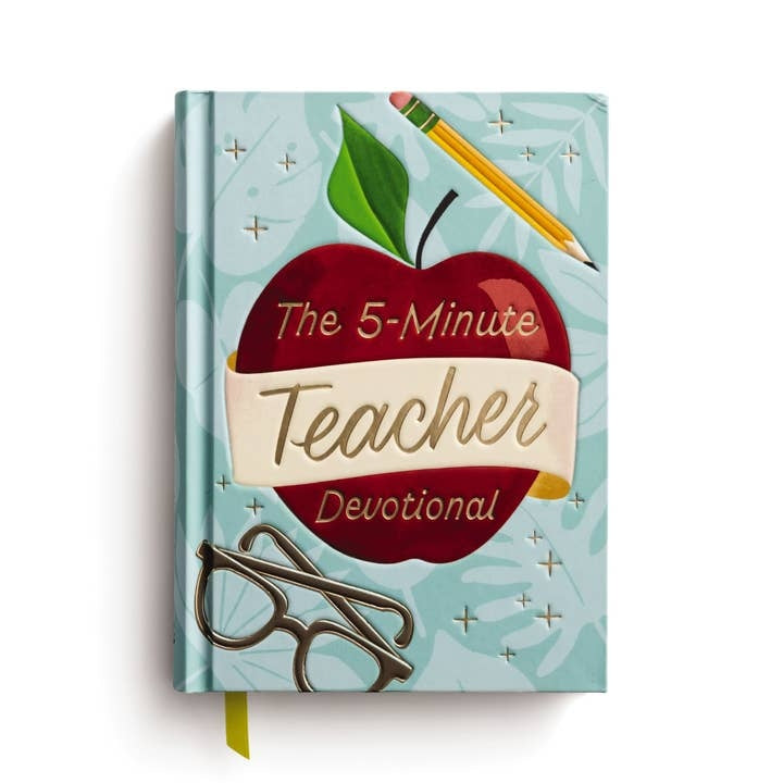 Hardcover devotional book titled 'The 5-Minute Teacher Devotional' with a white cover and gold embossed text.