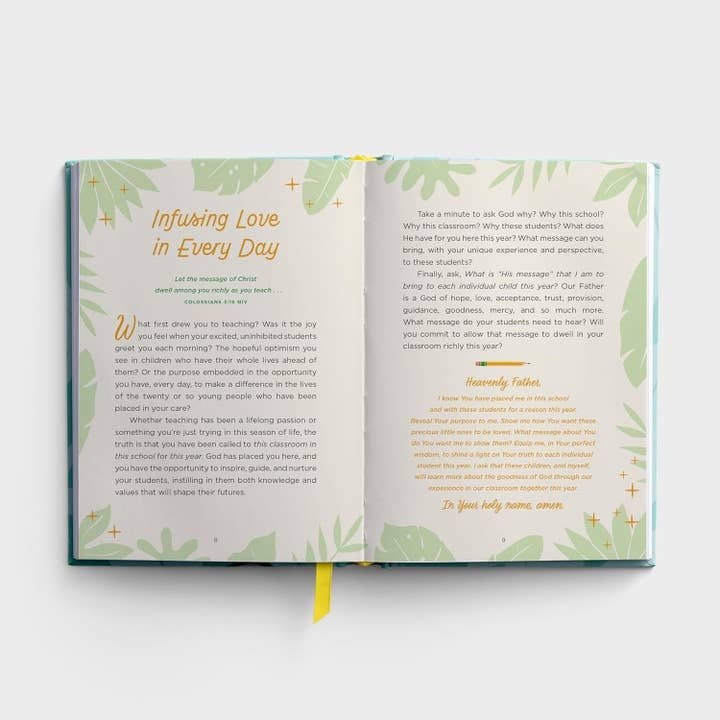 Hardcover devotional book with a dark cover featuring gold foil text reading 'The 5-Minute Teacher Devotional' and an illustration.
