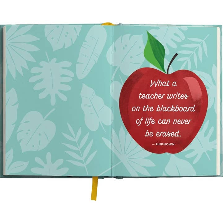 Hardcover devotional book titled 'The 5-Minute Teacher Devotional' with a dark cover and gold embossed lettering.