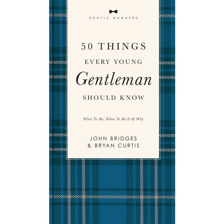Hardcover book titled '50 Things Every Young Gentleman Should Know' with a dark cover and gold lettering.