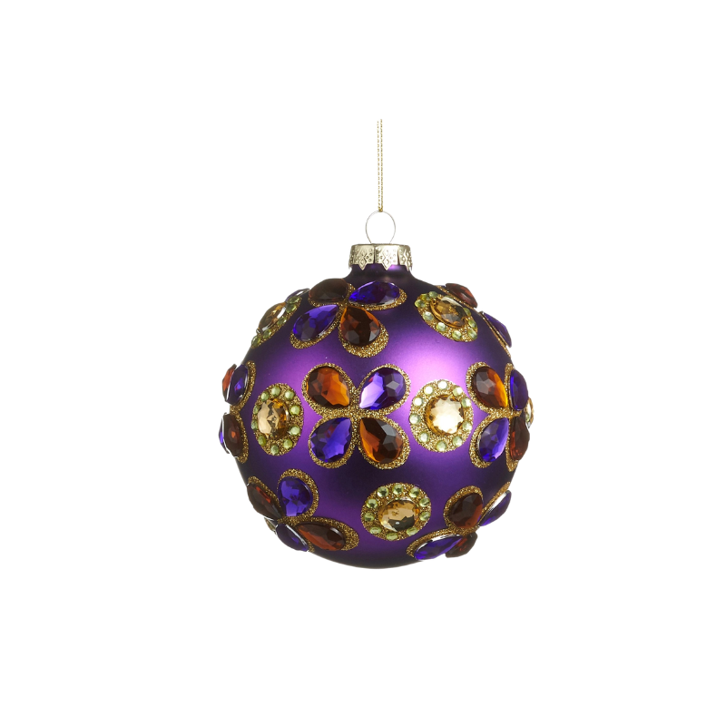 5-inch purple glass Christmas ornament with colorful jewel accents in floral and circular patterns.