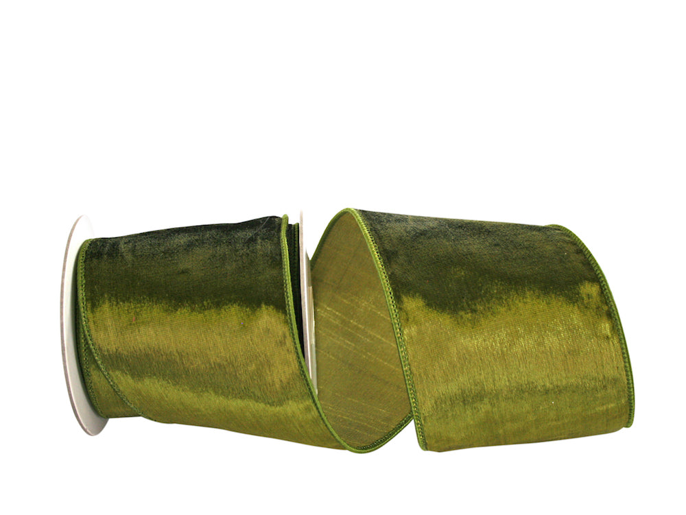 Olive designer plush velvet wired edge ribbon with a smooth satin finish.