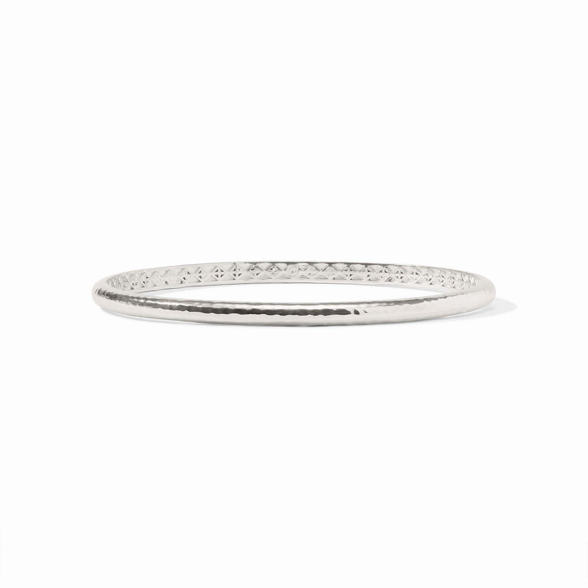 Silver Havana Demi Bangle with hand-hammered finish and geometric bas relief interior.