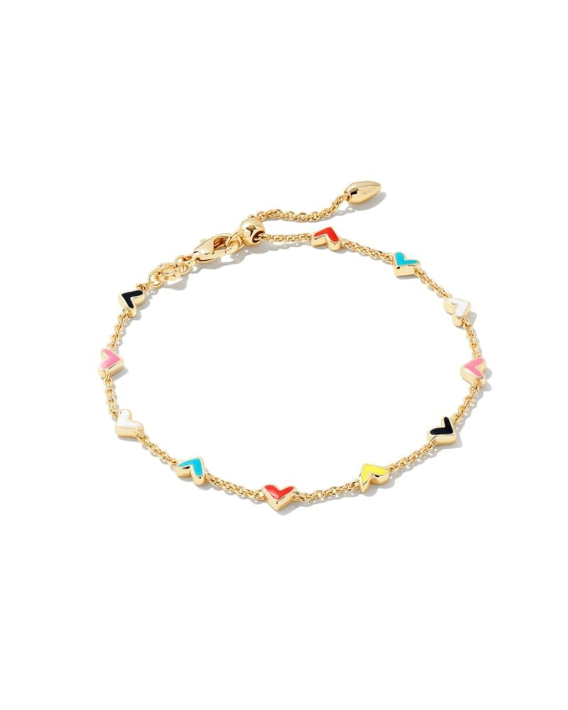 Delicate gold chain bracelet with hand-painted hearts in aqua, yellow, pink, red, black, and white enamel.