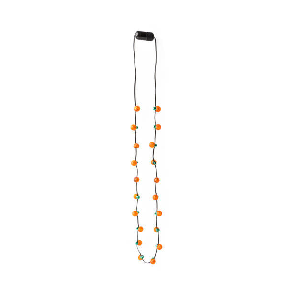 Mini pumpkin necklace with twenty bright LED lights in orange plastic.