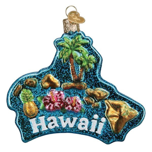 Hawaiian Islands ornament featuring a tropical palm tree silhouette on an off-white background with blue island shapes.
