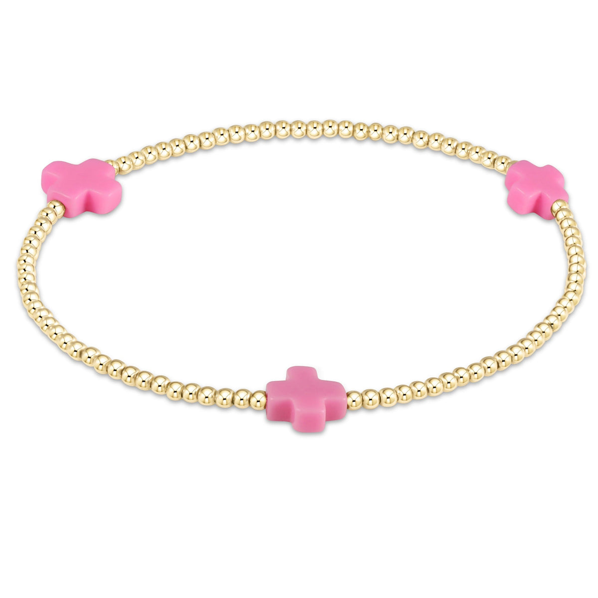 Signature Cross 2mm gold-filled bead bracelet with three pink cross charms.