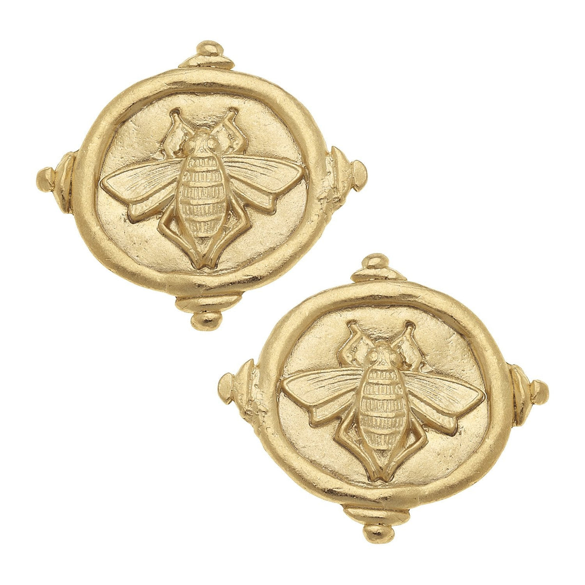 Queen Bee Intaglio Studs in triple-plated 24k gold featuring a detailed bee design on round coins.