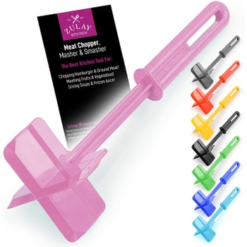 Heat resistant meat chopper with four stainless steel blades on a black handle.