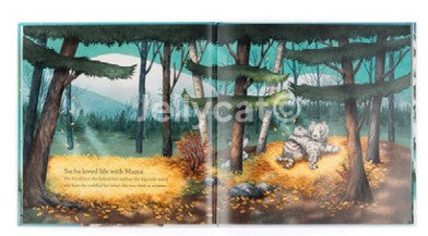 Open pages of Sacha and the Most Wonderful Thing Book showing two snow leopards in a forest.