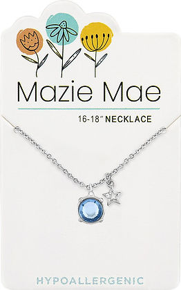 Silver Mazie Mae necklace with a light sapphire solitaire pendant and a small star dangle charm.