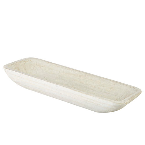 White wooden dough bowl measuring 20 inches long with a rounded rectangular silhouette.