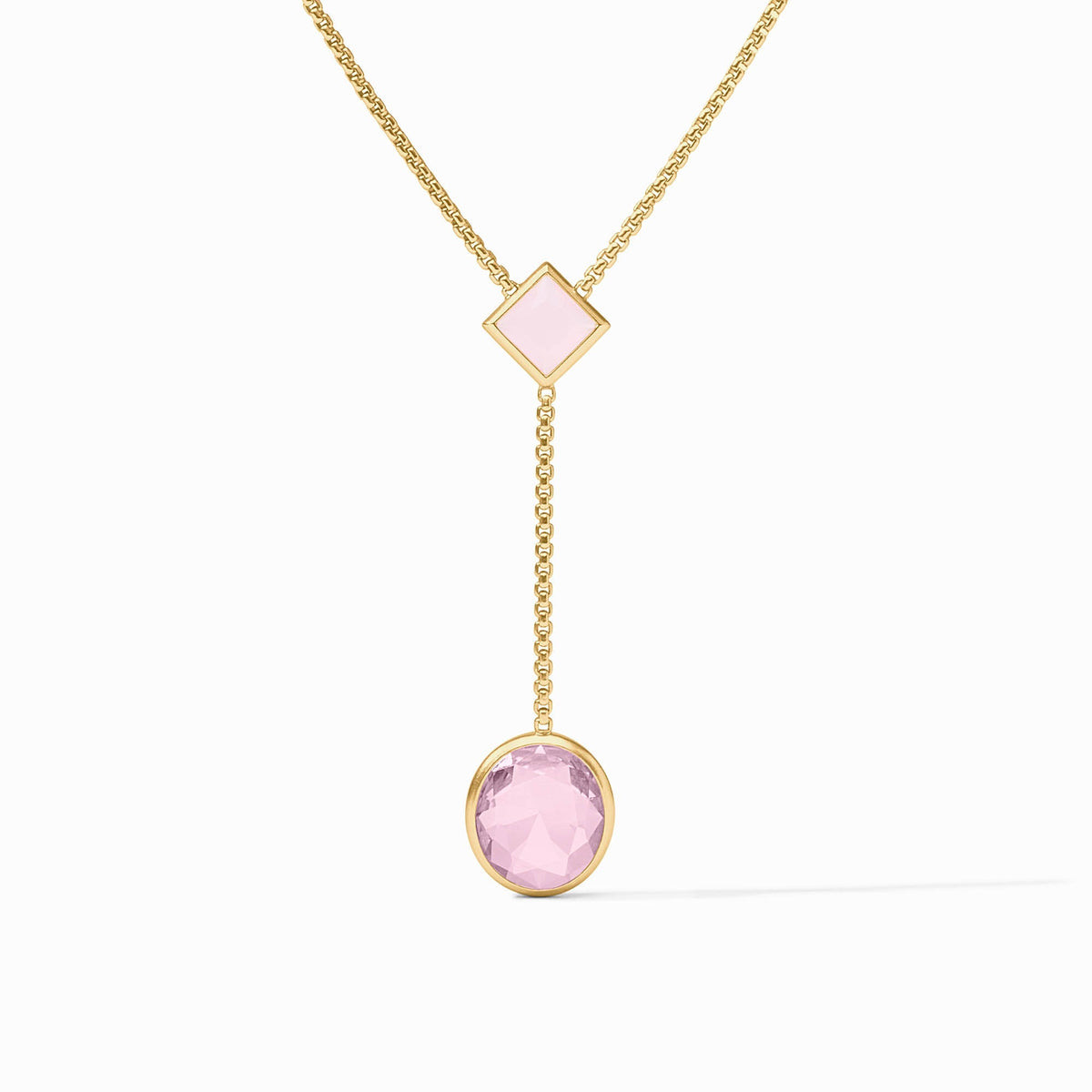 Adjustable lariat necklace with a long pendant featuring gold plating on imported glass beads.