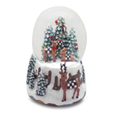 Holiday Forest Deer Snow Globe featuring deer with checkered blankets in a snowy forest scene.