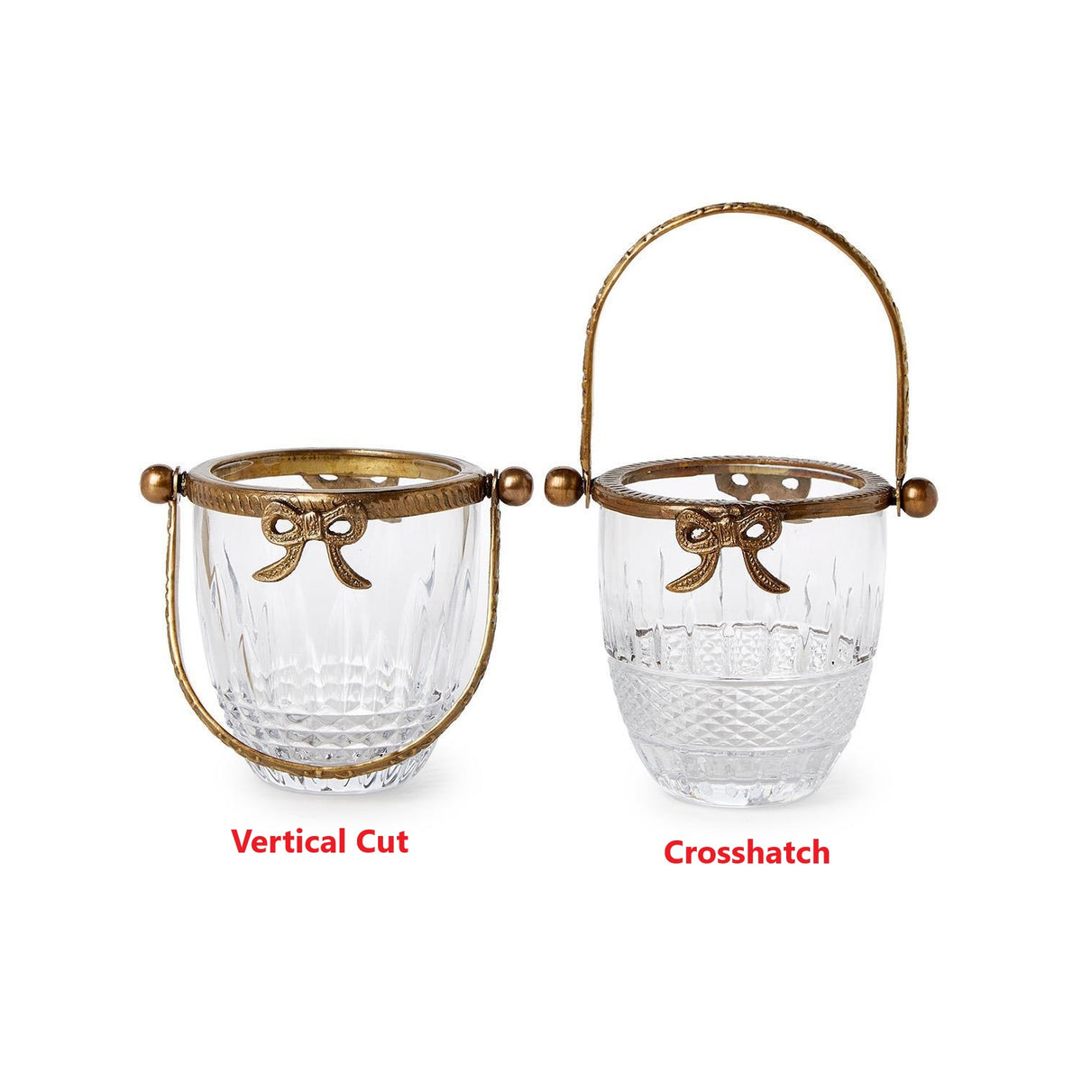 Two glass baskets with antique gold finish and bow accents in vertical cut and crosshatch designs.