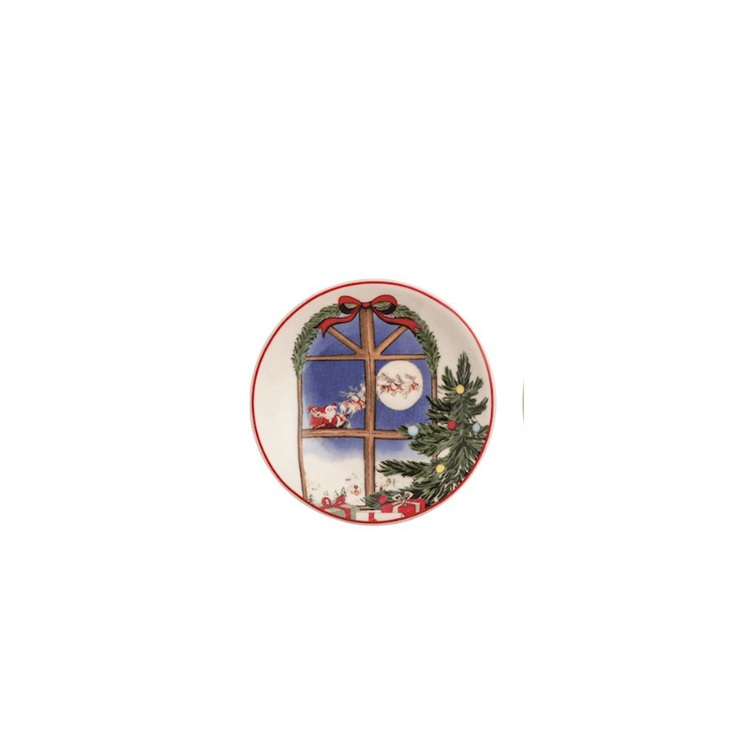 Stoneware tidbit plate featuring a hand-painted Christmas window scene with Santa and a tree.