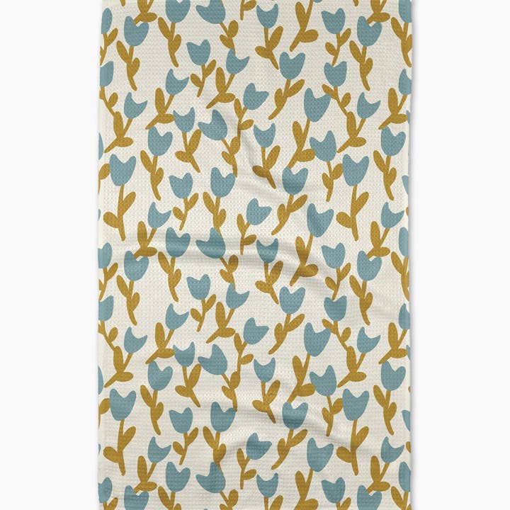 Recycled polyester waffle weave kitchen tea towel with single-sided print.