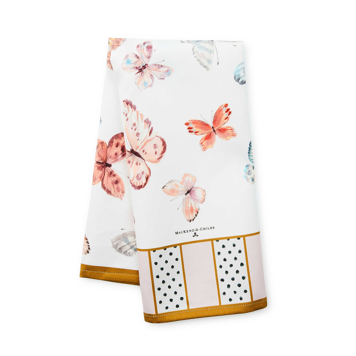 Butterfly Hill Dish Towel with watercolor butterfly patterns and a polka dot border.