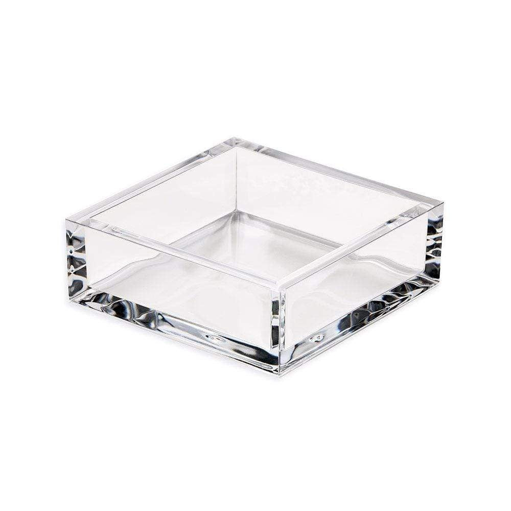 Clear acrylic square cocktail napkin holder with a simple geometric silhouette.