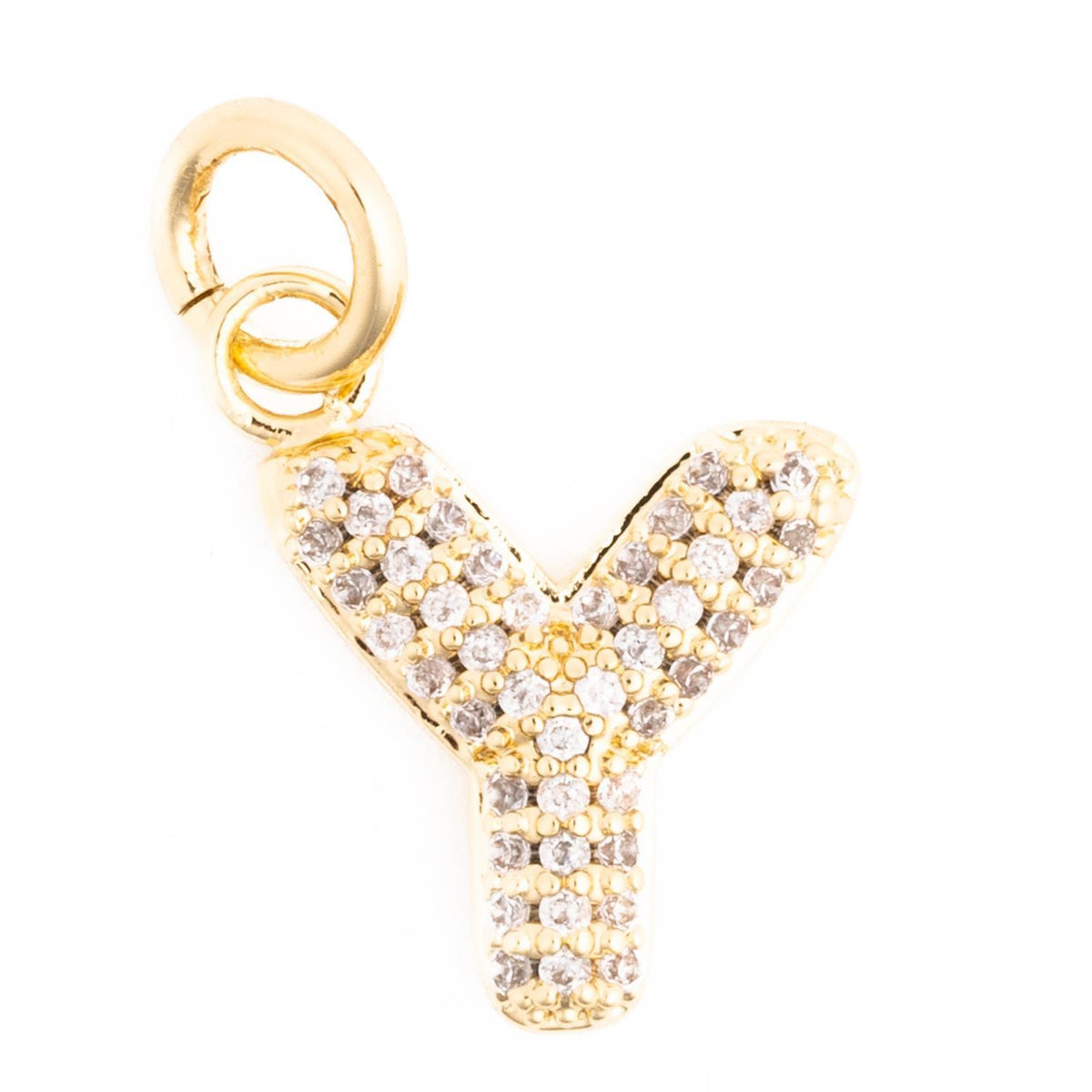 Gold letter Y initial charm pendant pavé-set with small clear crystals.