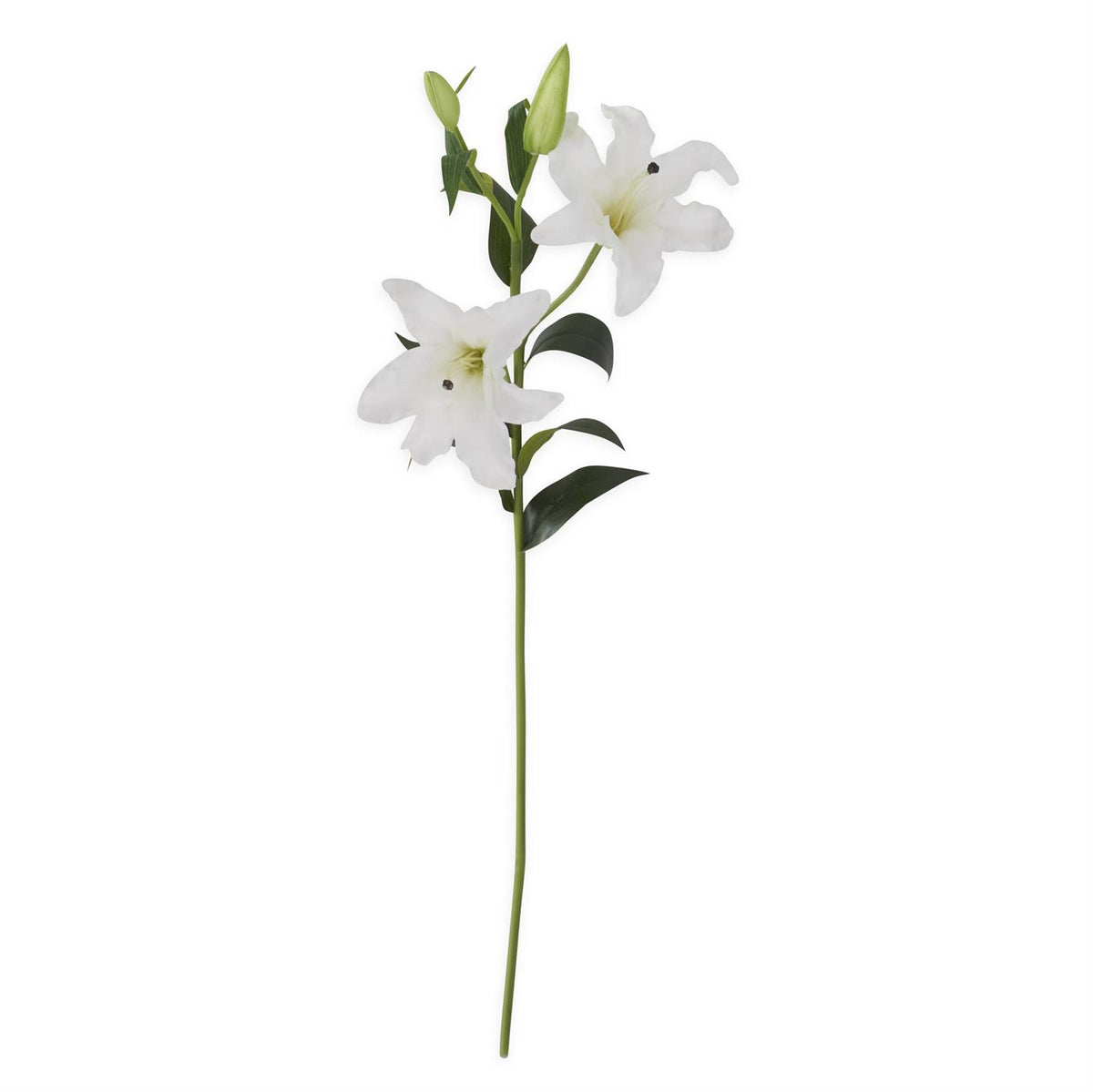 White PU lily stem with three blooms and two buds on a wire structure