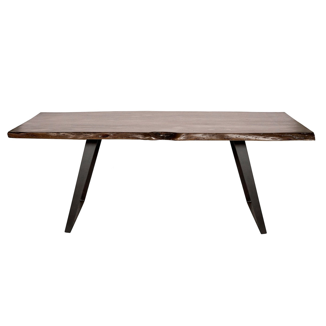 Wilmington dining table with live edge mango wood top in Walter Gray finish on an angled black metal base.