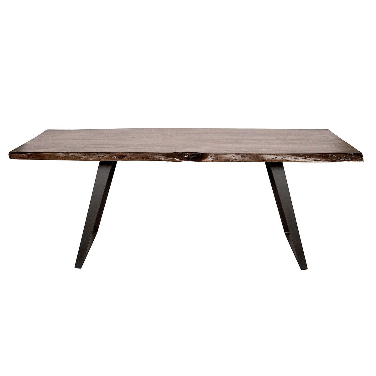 Wilmington dining table with live edge mango wood top in Walter Gray finish on an angled black metal base.