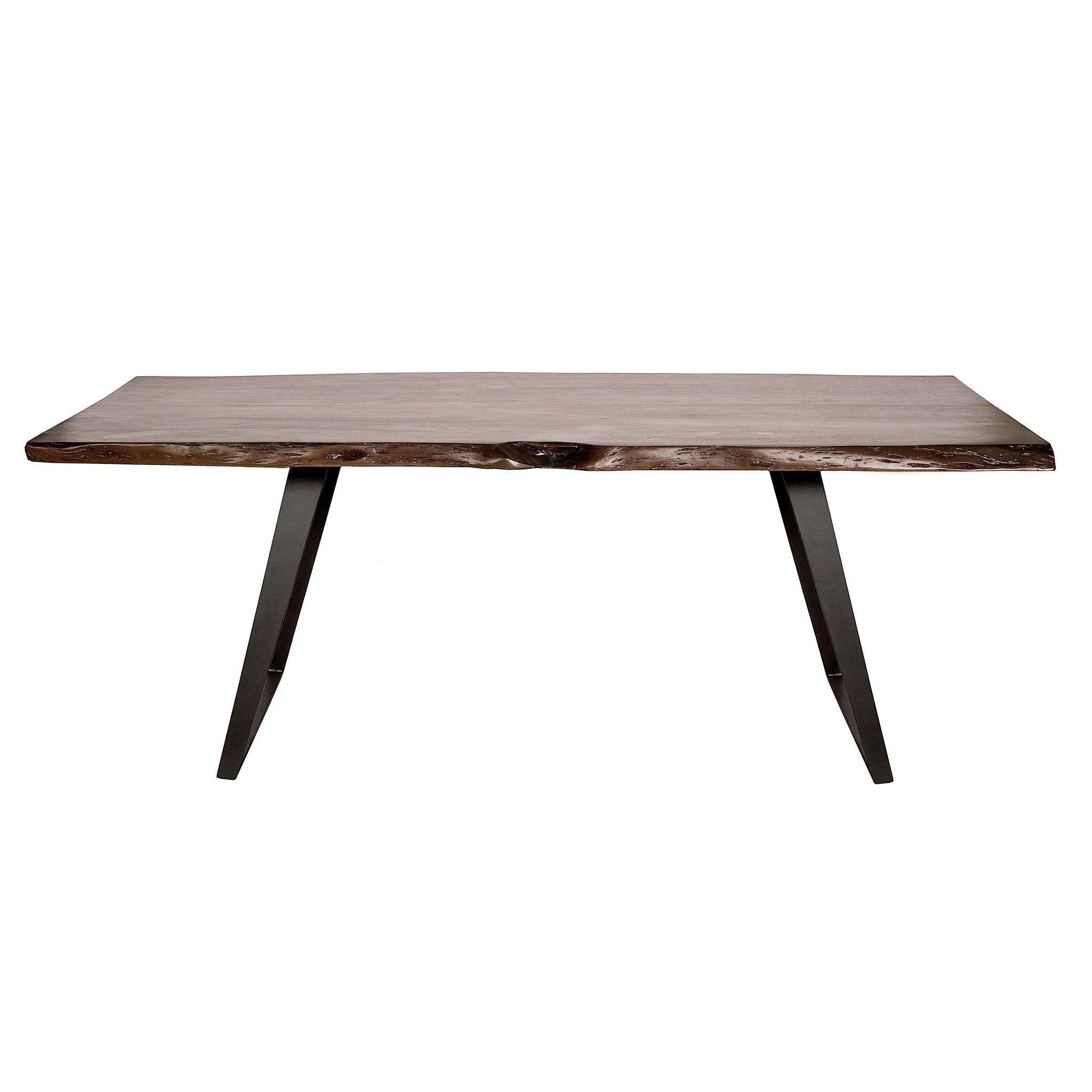 Wilmington dining table with live edge mango wood top in Walter Gray finish on an angled black metal base.