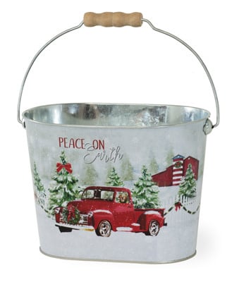 Galvanized metal oval pail with wood accents and a handle.
