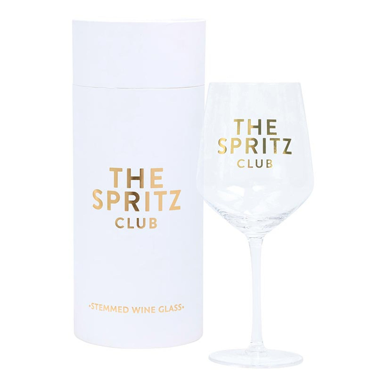The Spritz Club stemmed wine glass with gold foil lettering next to its white gift tube packaging.