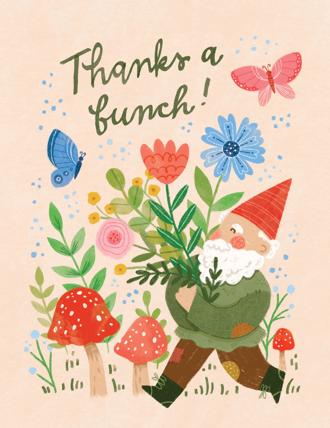 Front view of a Thnx a Bunch Gnome greeting card featuring the text 'Thanks a bunch!' and gratitude message.