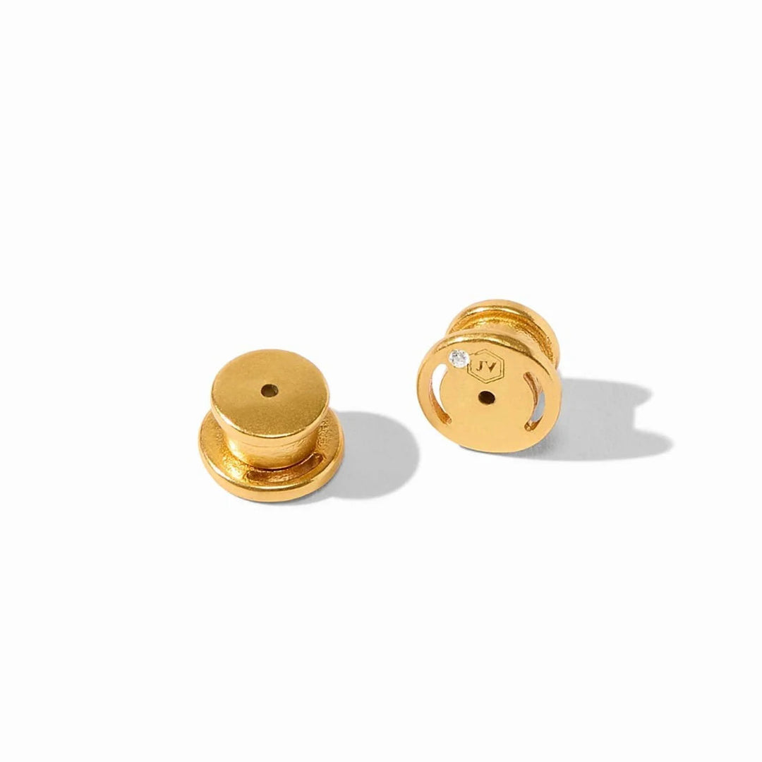 A pair of 24K gold plated small earring backs, one showing the top and one showing the bottom.