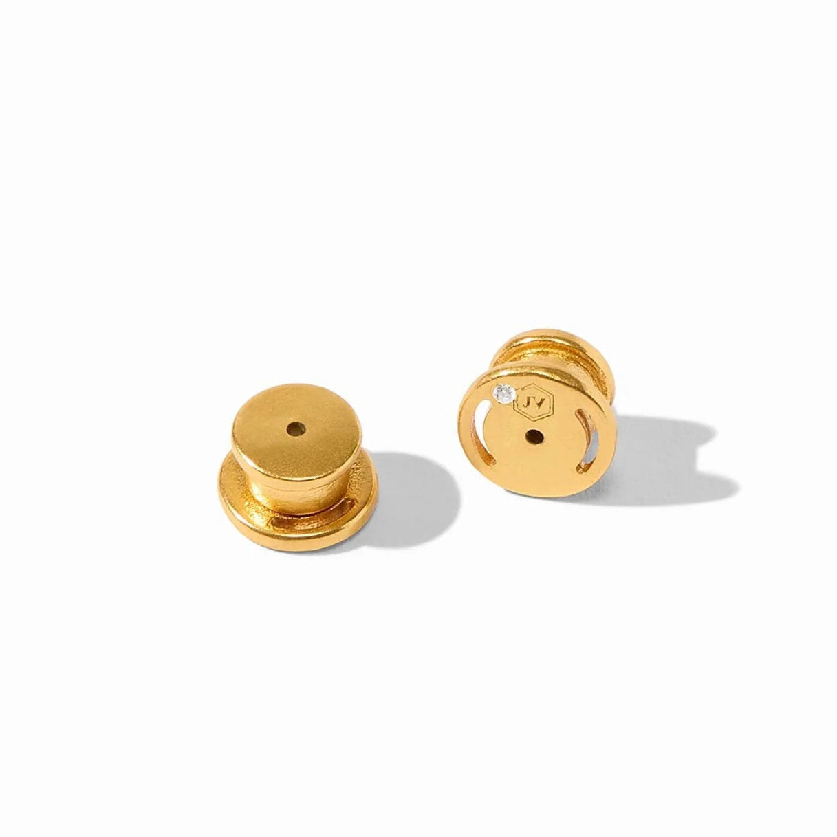 A pair of 24K gold plated small earring backs, one showing the top and one showing the bottom.
