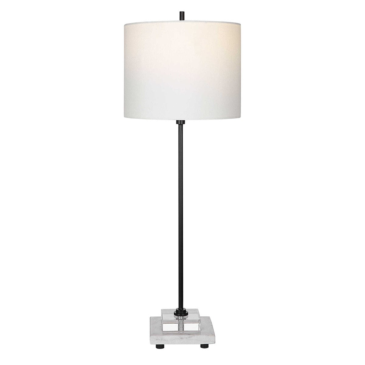 Clara Buffet Lamp with a cylindrical shade in neutral tones.