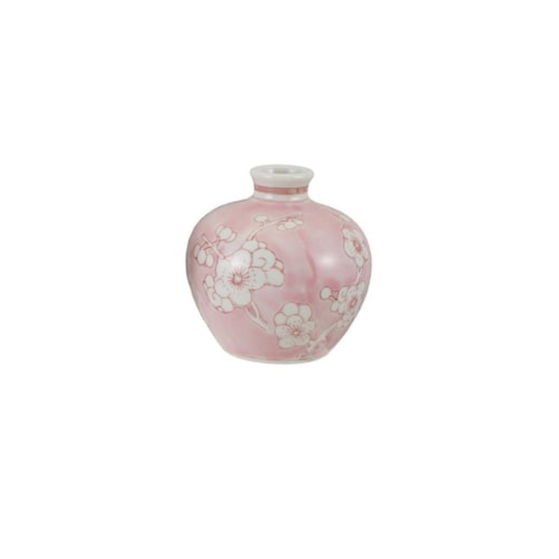 Small hand-painted pink stoneware vase with white cherry blossom branch design.