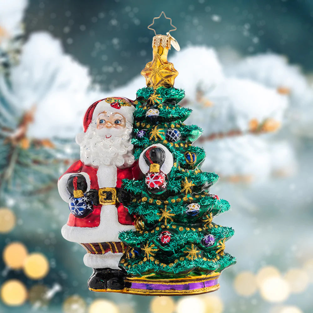 Deck the Halls Santa ornament in red with white trim and gold accents.