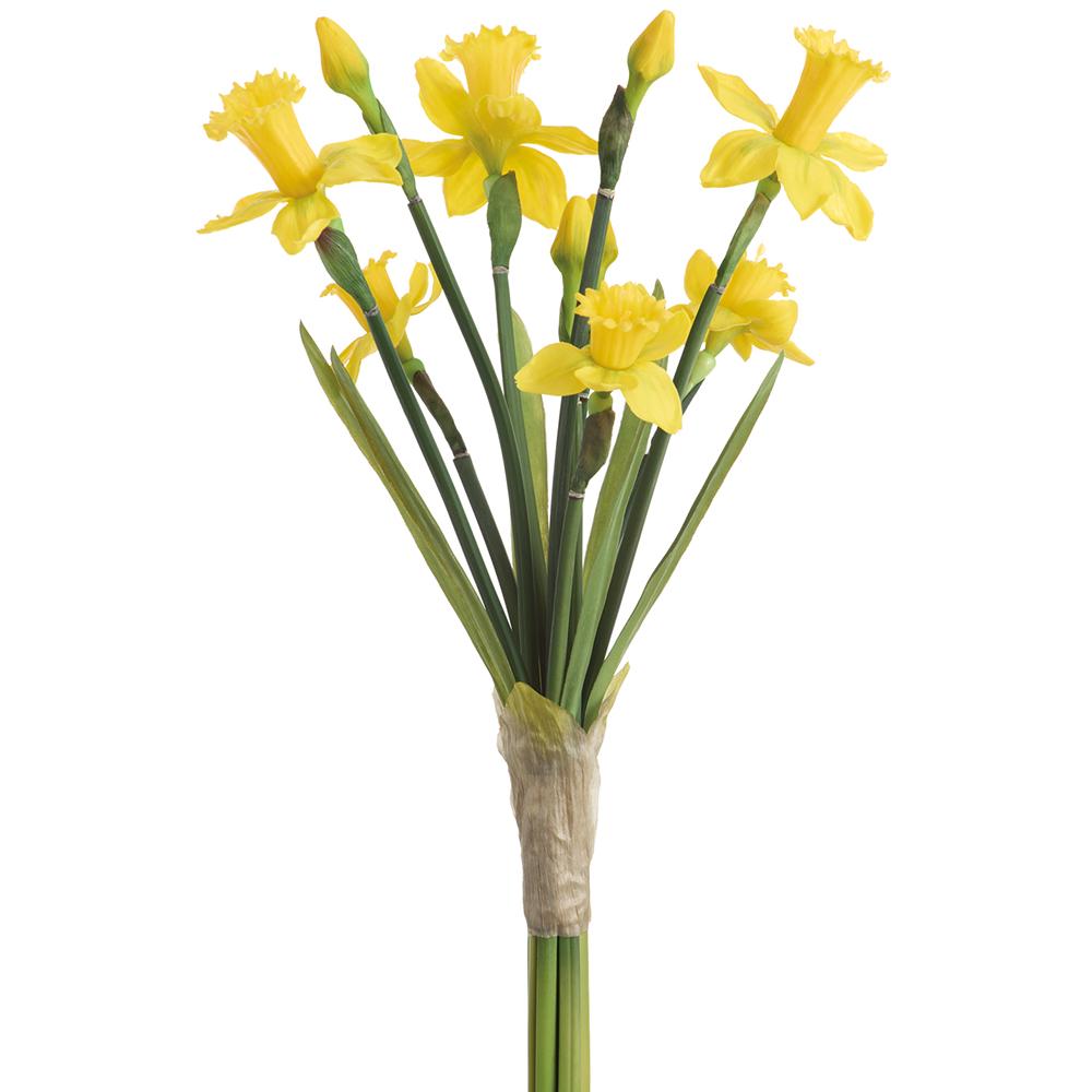 Bundle of twenty-one inch real touch daffodil flowers in white plastic with metal wire stems.