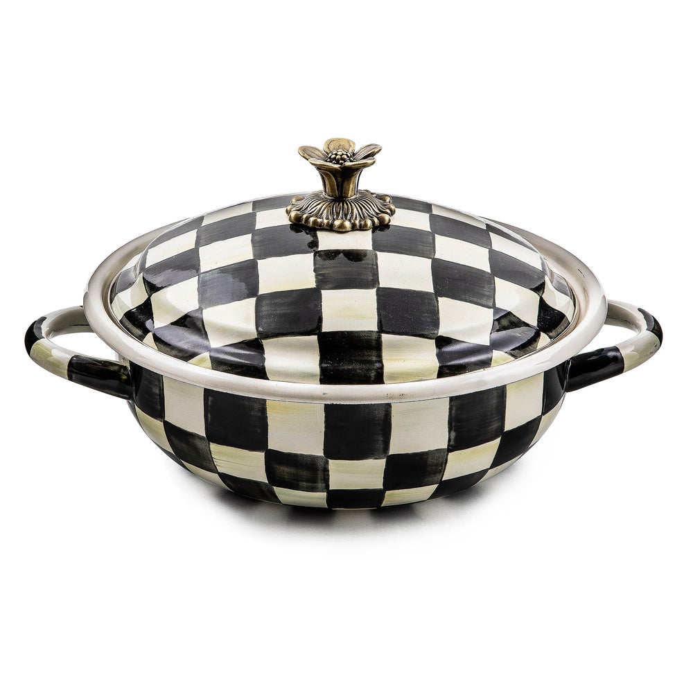 Courtly Check medium casserole dish with hand-painted black and white checks and a brass flower knob.