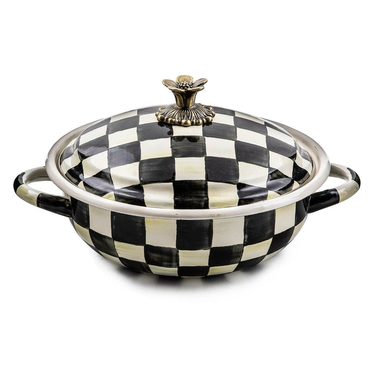 Courtly Check medium casserole dish with hand-painted black and white checks and a brass flower knob.